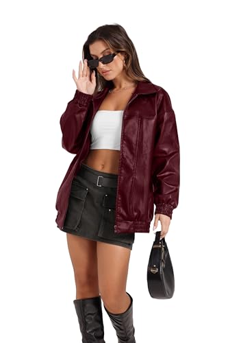 Sampeel Red Leather Jacket Women Faux Oversized Motorcycle Bomber Coats 2025 Fall Fashion Outfits Winter Clothes L - Image 2
