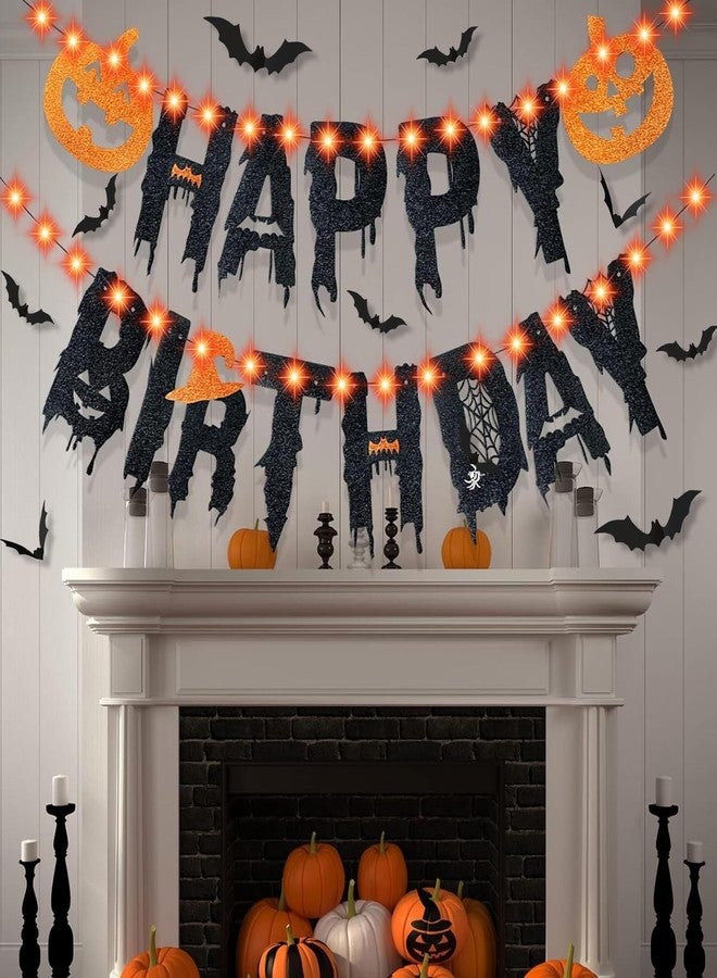 Roberly Halloween Birthday Party Decorations, Halloween Birthday Banner with Lights Include Pumpkin Signs Bat Stickers Supplies for Horror Home Party Fireplace Decorations - Image 1