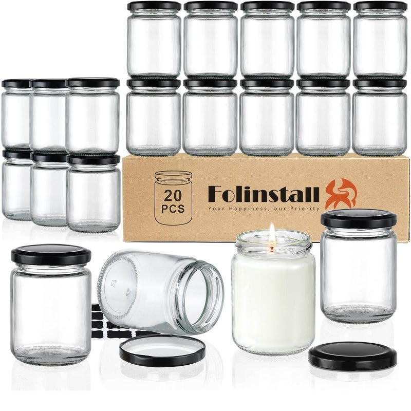 Folinstall 8 oz Small Glass Jars with Airtight Lids 20 Pcs Candle Jars for Candle Making Wedding Party Empty Food Storage Jars for Spices Honey Jam Candy Cookies Pudding Yogurt Dessert