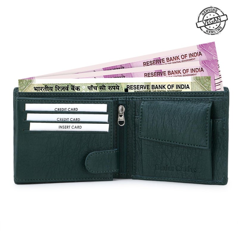 Dezire Crafts PU Leather Wallet for Men | Slim & Stylish | 3 Card Pockets, 1 Zipper Pocket, 1 Coin Pocket, 1 Currency Compartment, 2 Hidden Pockets (Green) - Image 2