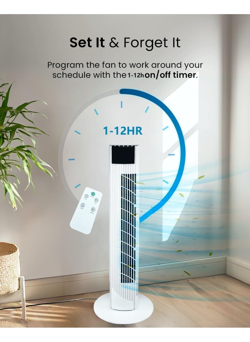 جورونب مروحة برجية مع جهاز تحكم عن بعد، مروحة تبريد 36 بوصة مع 3 سرعات، 3 أوضاع، مؤقت رقمي من 1 إلى 12 ساعة، مؤشر ضوء LED، مراوح متذبذبة 90 درجة، مروحة كهربائية ذكية قوية موفرة للطاقة (أبيض) - Image 2