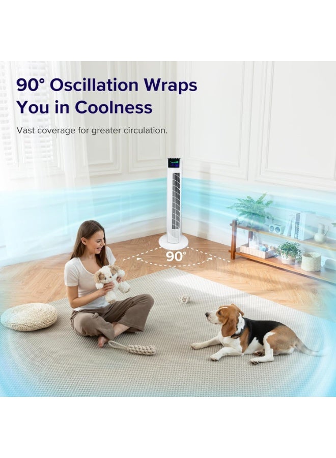 جورونب مروحة برجية مع جهاز تحكم عن بعد، مروحة تبريد 36 بوصة مع 3 سرعات، 3 أوضاع، مؤقت رقمي من 1 إلى 12 ساعة، مؤشر ضوء LED، مراوح متذبذبة 90 درجة، مروحة كهربائية ذكية قوية موفرة للطاقة (أبيض) - Image 5