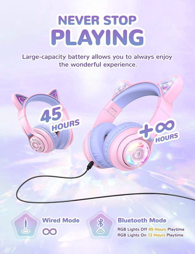iClever BTH13 Bluetooth Kids Headphones with Mic, Over Ear Headphone Wireless Cat Ear Headphone for Girls Birthday Gift Safe Volume Limited, 45H Playtime, Portable Headset for iPad, Purple - Image 3