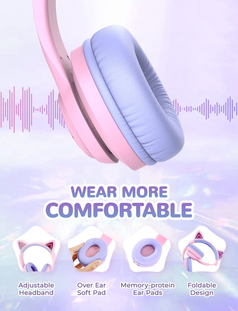 iClever BTH13 Bluetooth Kids Headphones with Mic, Over Ear Headphone Wireless Cat Ear Headphone for Girls Birthday Gift Safe Volume Limited, 45H Playtime, Portable Headset for iPad, Purple - Image 4