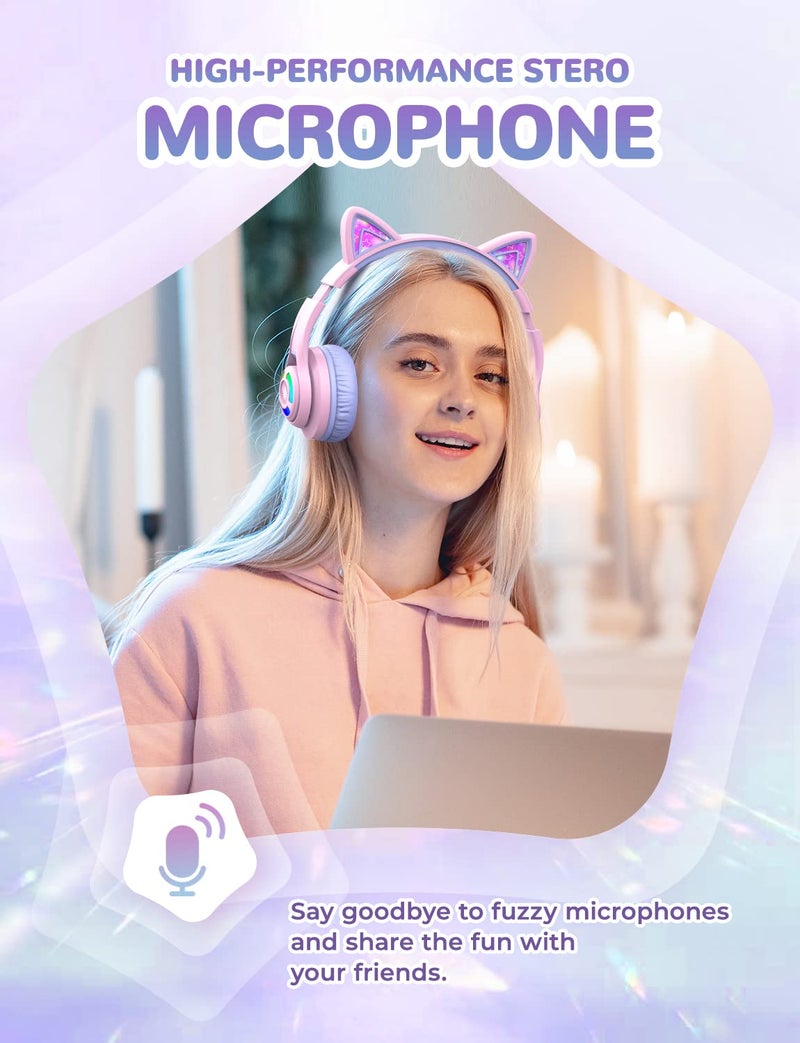 iClever BTH13 Bluetooth Kids Headphones with Mic, Over Ear Headphone Wireless Cat Ear Headphone for Girls Birthday Gift Safe Volume Limited, 45H Playtime, Portable Headset for iPad, Purple - Image 2