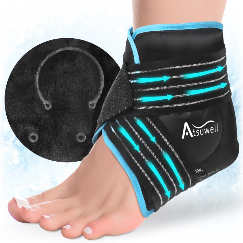 Atsuwell Ankle Ice Pack Wrap Reusable Gel Ice Pack for Foot Ankle Heel Foot Ice Wrap with Soft Plush Lining Cold Compress Therapy for Soothing Discomfort Black
