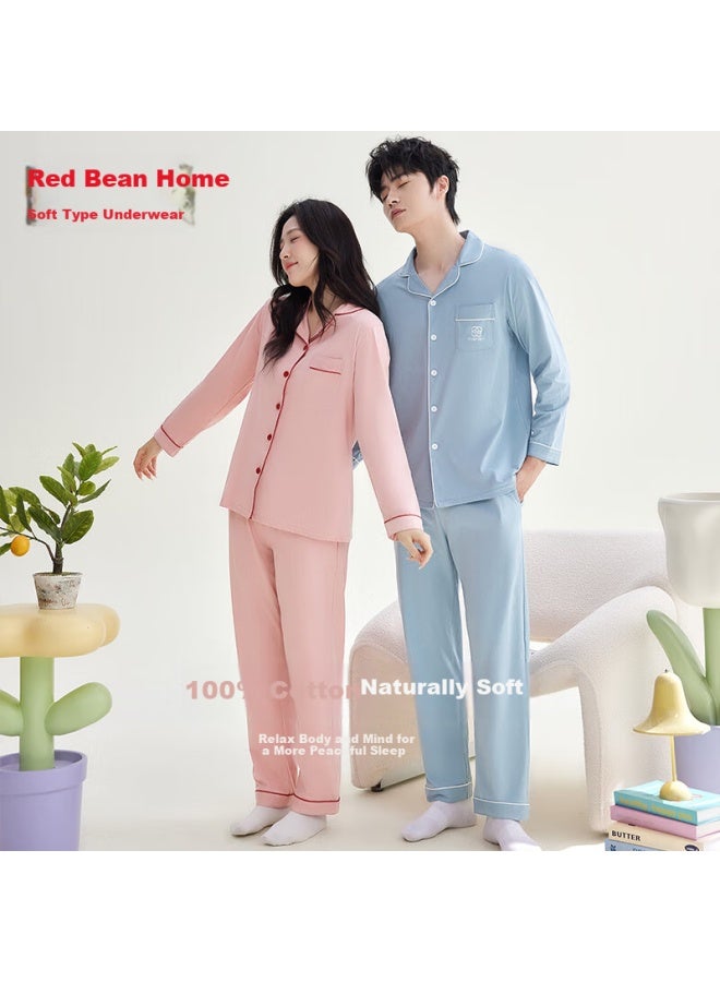 Hongdou Women's Pure Cotton Long Sleeve Pajama Set Full Cotton Home Wear Solid Color Lapel Cardigan Couple Pajamas Cherry Blossom Pink 175 - Image 2
