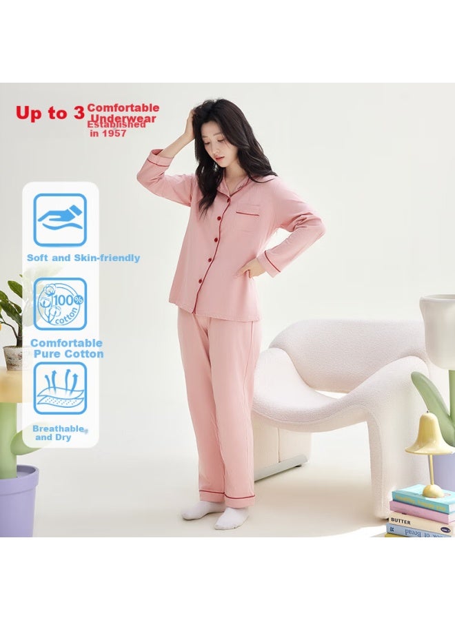 Hongdou Women's Pure Cotton Long Sleeve Pajama Set Full Cotton Home Wear Solid Color Lapel Cardigan Couple Pajamas Cherry Blossom Pink 175 - Image 1