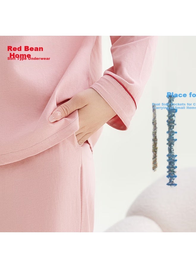 Hongdou Women's Pure Cotton Long Sleeve Pajama Set Full Cotton Home Wear Solid Color Lapel Cardigan Couple Pajamas Cherry Blossom Pink 175 - Image 4