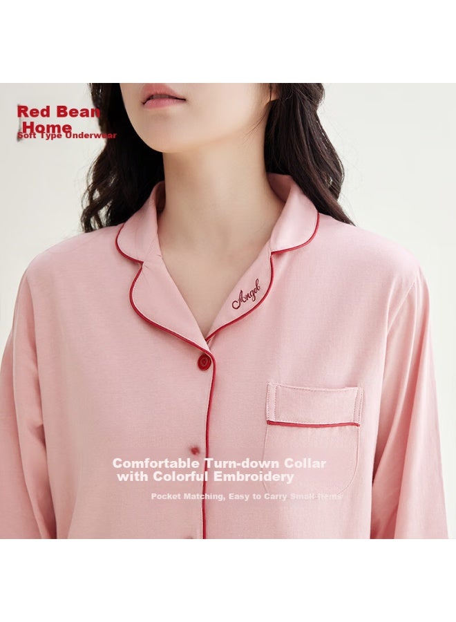 Hongdou Women's Pure Cotton Long Sleeve Pajama Set Full Cotton Home Wear Solid Color Lapel Cardigan Couple Pajamas Cherry Blossom Pink 175 - Image 3