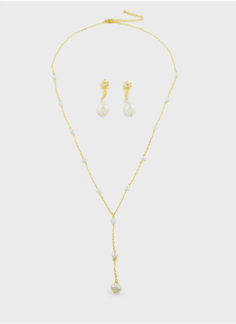 ELLA Lariat Pearl Necklace & Earrings Set