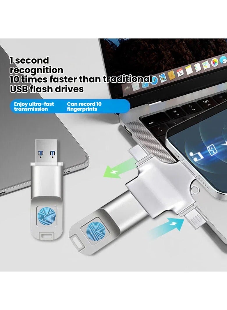 مشغل أقراص USB 128GB مؤمن ببصمة الإصبع - منفذ Type-C مزدوج الواجهة، استخدام مزدوج للهواتف وأجهزة الكمبيوتر، تخزين آمن عالي السرعة، تصميم مضاد للسرقة - Image 4