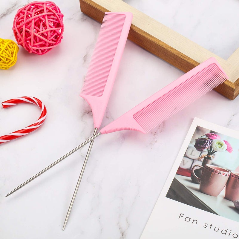 Leinuosen 3 Packs 9 Inch Rat Tail Comb Carbon Fiber Heat Resistant Teasing Comb with Metal Pick Styling Parting Lightweight Sectioning Fine Tooth Combs for Women Girls - Image 5