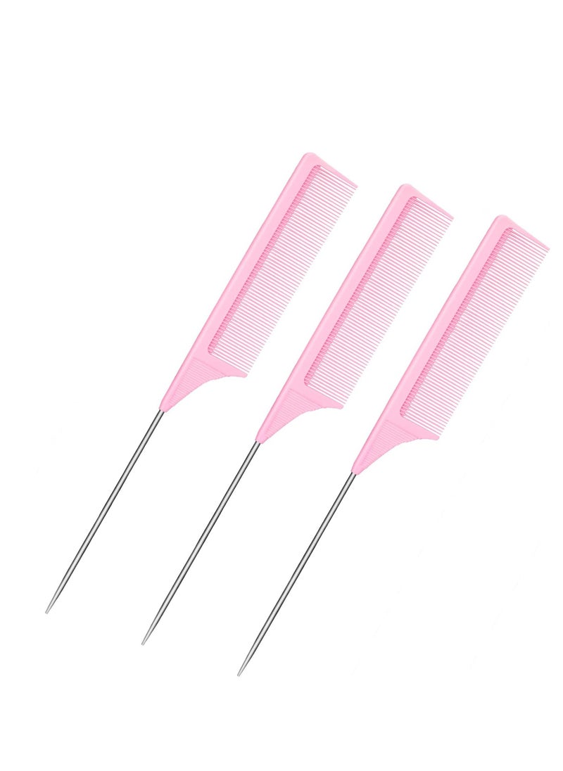 Leinuosen 3 Packs Rat Tail Comb Steel Pin Rat Tail Carbon Fiber Heat Resistant Teasing Combs with Stainless Steel Pintail (Pink)  - Image 1