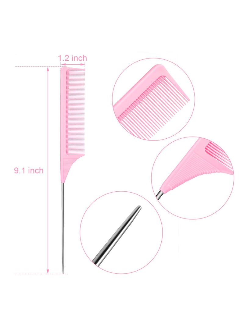 Leinuosen 3 Packs Rat Tail Comb Steel Pin Rat Tail Carbon Fiber Heat Resistant Teasing Combs with Stainless Steel Pintail (Pink)  - Image 2