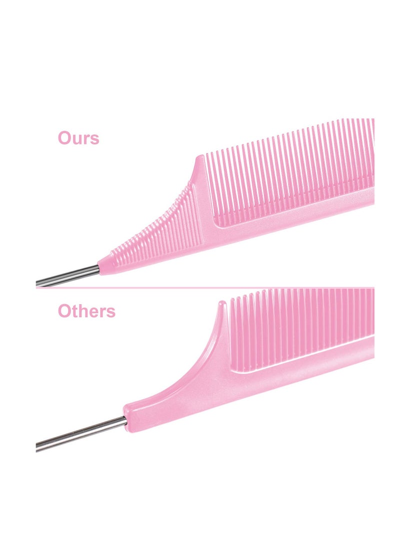 Leinuosen 3 Packs Rat Tail Comb Steel Pin Rat Tail Carbon Fiber Heat Resistant Teasing Combs with Stainless Steel Pintail (Pink)  - Image 4