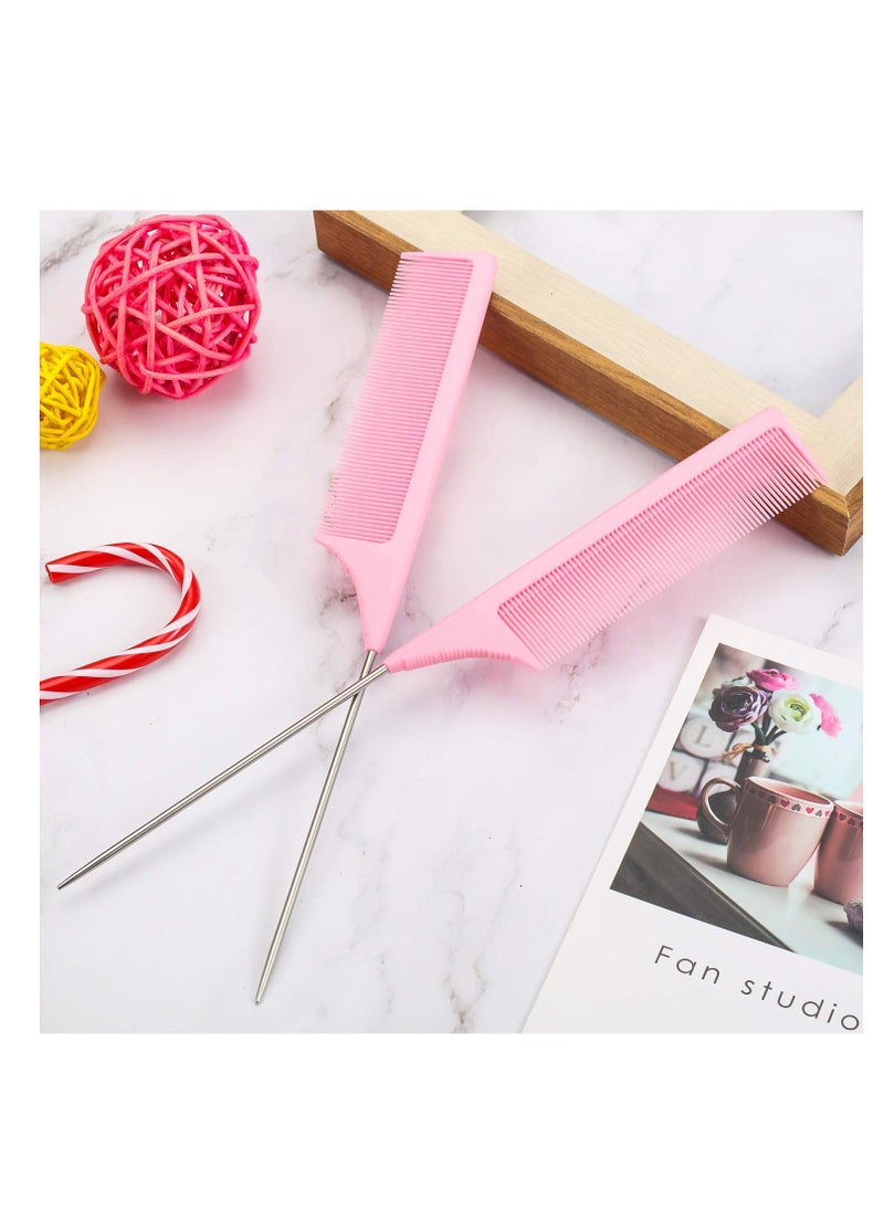 Leinuosen 3 Packs Rat Tail Comb Steel Pin Rat Tail Carbon Fiber Heat Resistant Teasing Combs with Stainless Steel Pintail (Pink)  - Image 5