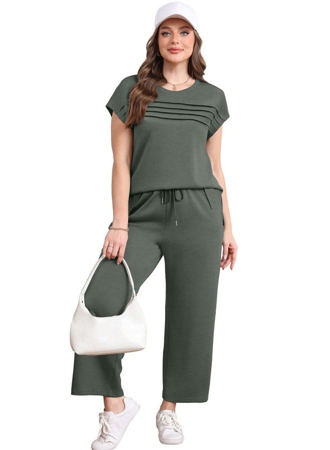 WIHOLL Business Casual Outfits for Women 2 Piece Sets Crew Neck Tracksuit Summer Loungewear Womens Lounge Set Vacation Outfits High Waist Wide Leg Pants Comfy Workout Sets for Women Clothing Rock Green M - Image 3