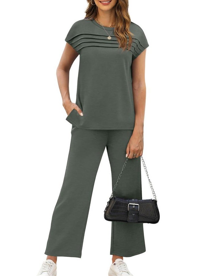 WIHOLL Business Casual Outfits for Women 2 Piece Sets Crew Neck Tracksuit Summer Loungewear Womens Lounge Set Vacation Outfits High Waist Wide Leg Pants Comfy Workout Sets for Women Clothing Rock Green M - Image 2