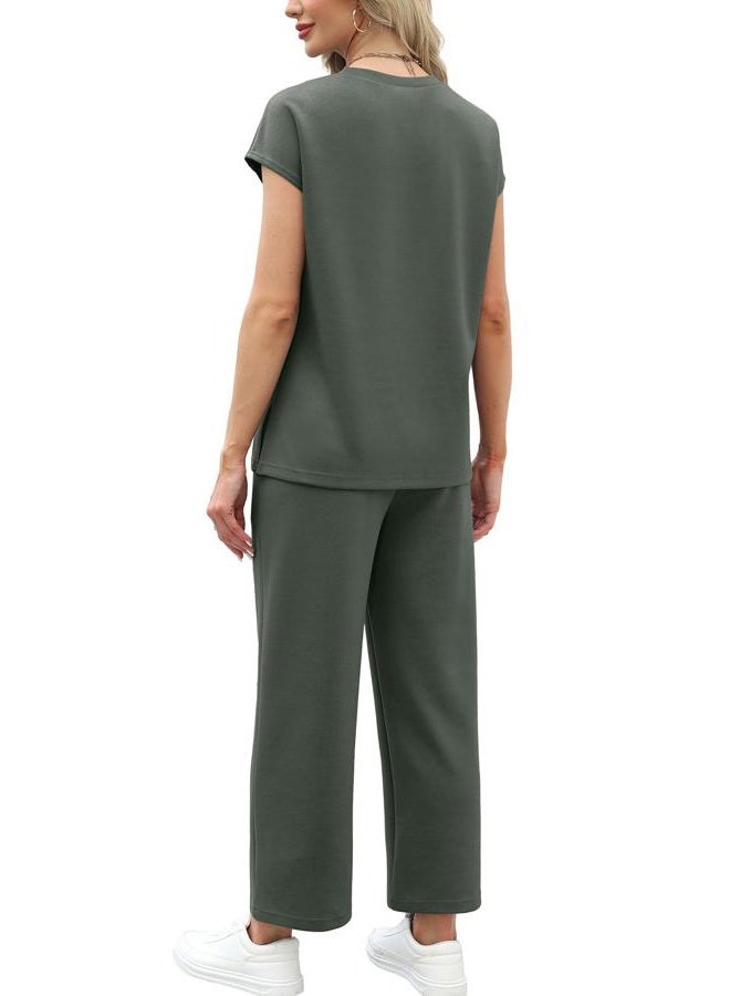 WIHOLL Business Casual Outfits for Women 2 Piece Sets Crew Neck Tracksuit Summer Loungewear Womens Lounge Set Vacation Outfits High Waist Wide Leg Pants Comfy Workout Sets for Women Clothing Rock Green M - Image 5