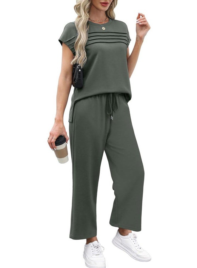 WIHOLL Business Casual Outfits for Women 2 Piece Sets Crew Neck Tracksuit Summer Loungewear Womens Lounge Set Vacation Outfits High Waist Wide Leg Pants Comfy Workout Sets for Women Clothing Rock Green M - Image 4