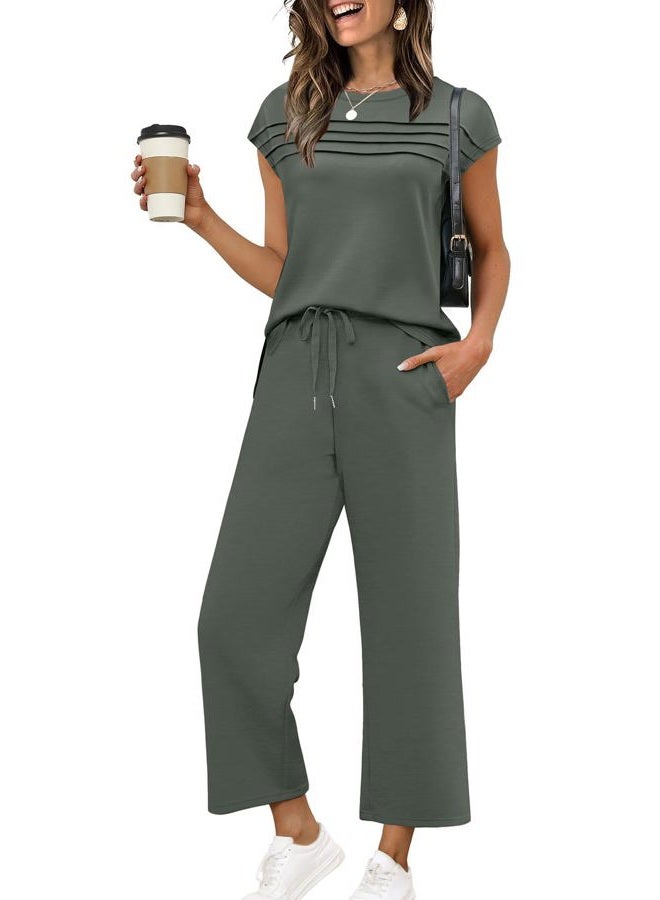 WIHOLL Business Casual Outfits for Women 2 Piece Sets Crew Neck Tracksuit Summer Loungewear Womens Lounge Set Vacation Outfits High Waist Wide Leg Pants Comfy Workout Sets for Women Clothing Rock Green M - Image 1