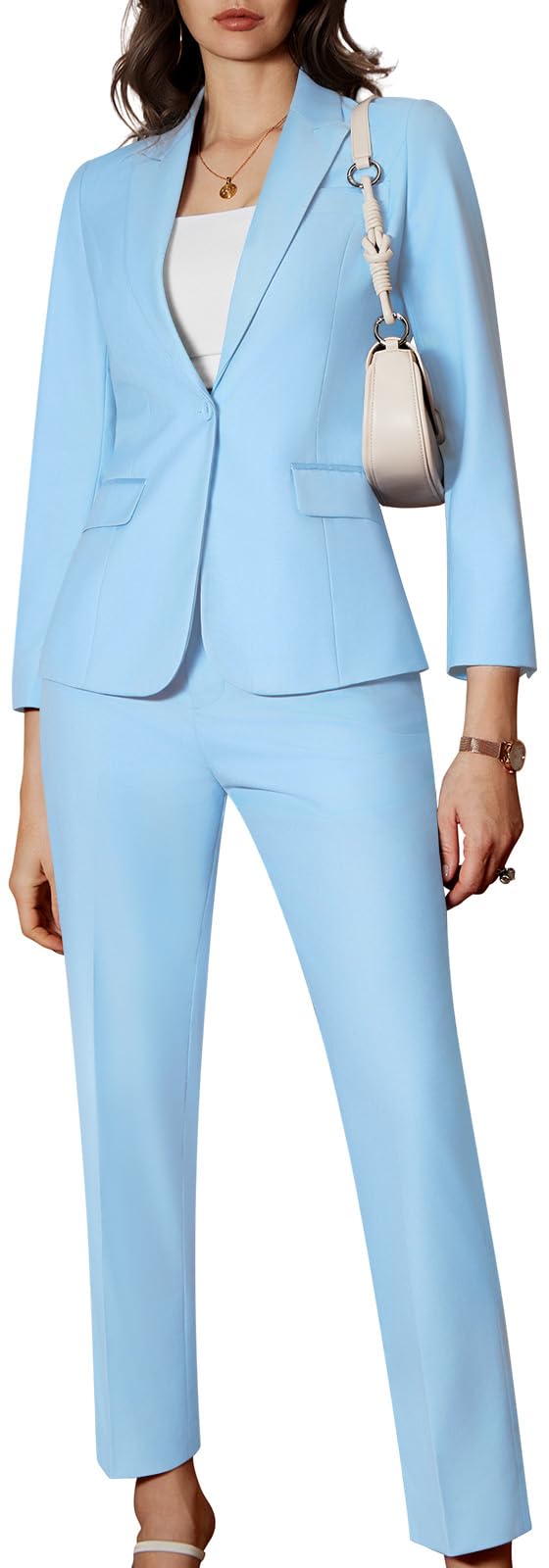 Kelyaa Womens 2 Piece Business Office Suit Lady Peaked Lapel Slim Fit One Button Blazer Jacket and Pants Set Light Blue