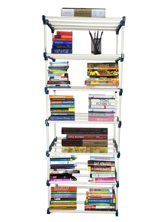 DEMARK 7 Layer Plastic Book Shelf Tall Narrow Storage Rack for Kids and Adults Modern Bookshelf Unit for Nursery, School, Home, and Office, Floor Mount Open - Image 1