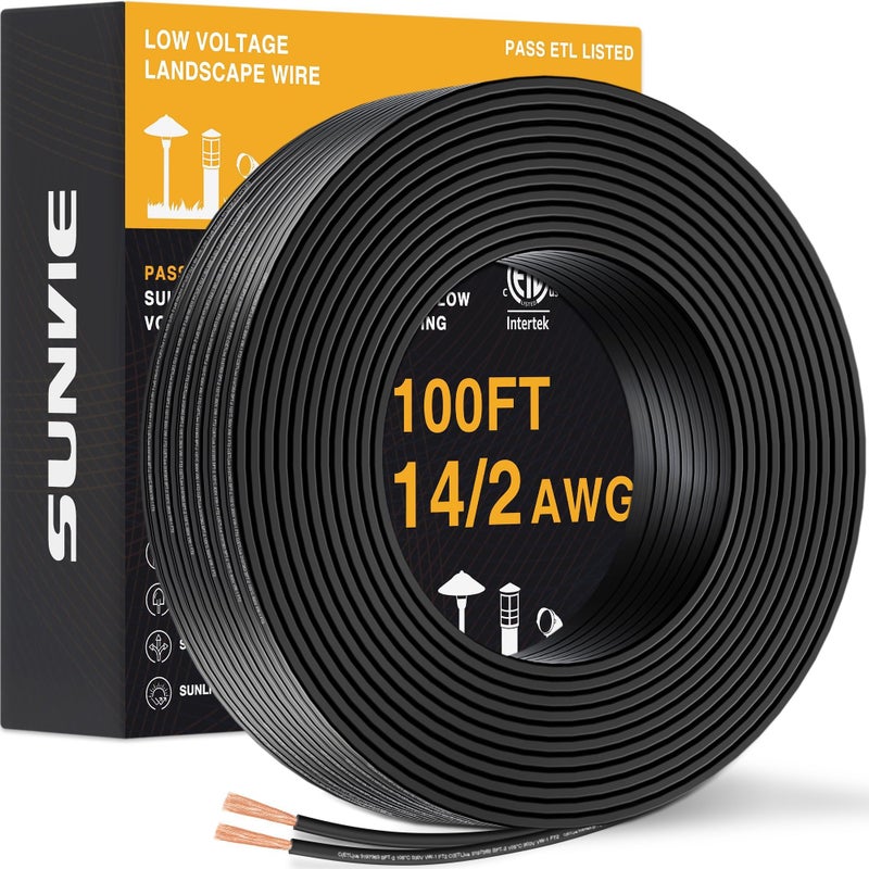 SUNVIE 100FT 14 Gauge Low Voltage Wire 14/2 Low Voltage Landscape Wire, 14 Gauge Stranded Copper Wire Direct Burial Lamp Wire 14 AWG 2 Conductor Electric Wire for Landscape Lighting, ETL Listed - Image 1
