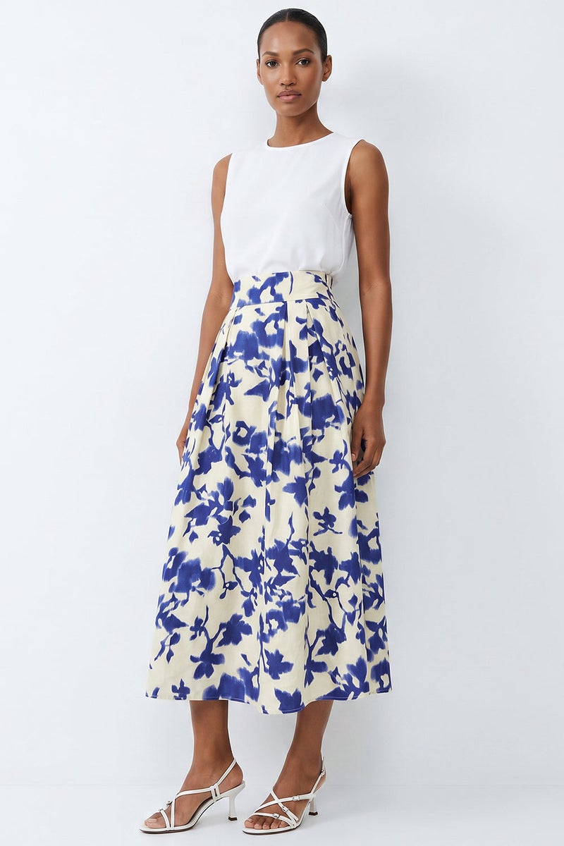 EXQUISE Regular Midi Navy Bone Skirt with Elastic Waist and Pleats - Image 1