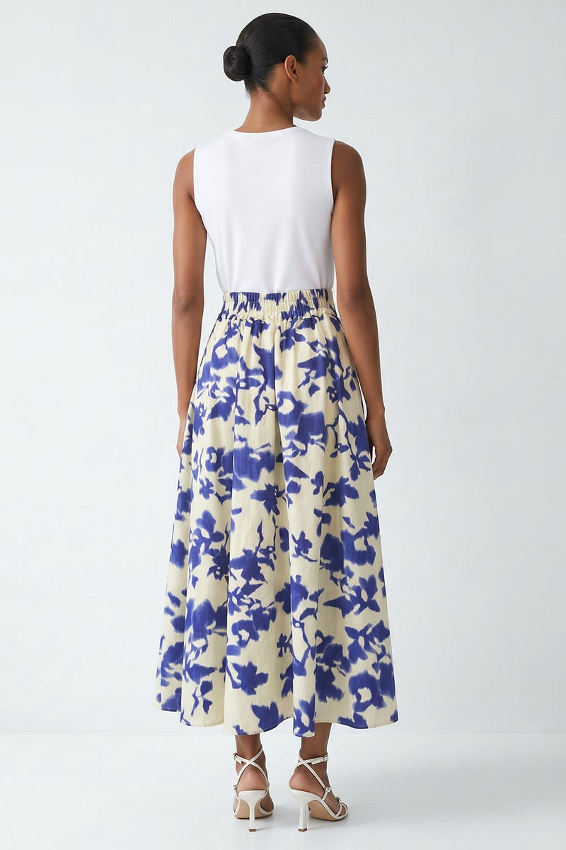 EXQUISE Regular Midi Navy Bone Skirt with Elastic Waist and Pleats - Image 4