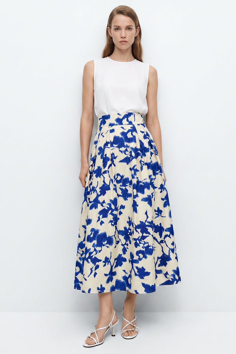 EXQUISE Regular Midi Navy Bone Skirt with Elastic Waist and Pleats - Image 3