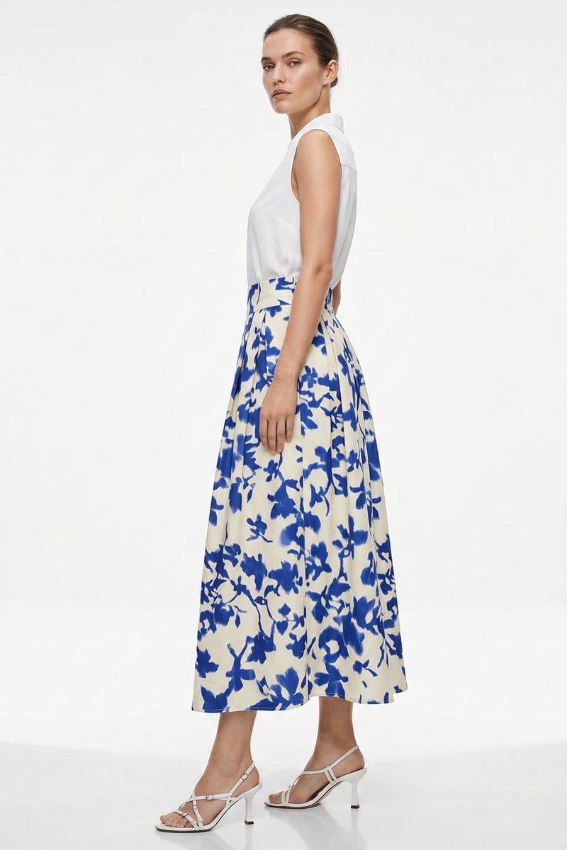 EXQUISE Regular Midi Navy Bone Skirt with Elastic Waist and Pleats - Image 2