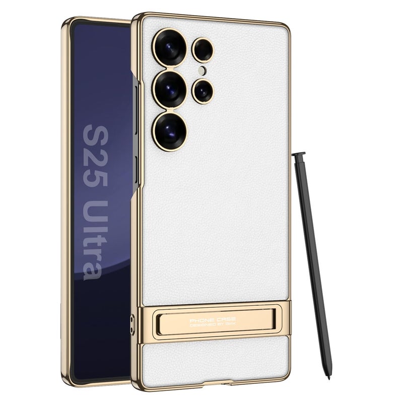 Midkart Leather Case Cover with Kickstand Compatible with Samsung Galaxy S25 Ultra Release 2025 Hard PC Electroplating Finish with Independent Camera Protection Case, White - Image 5