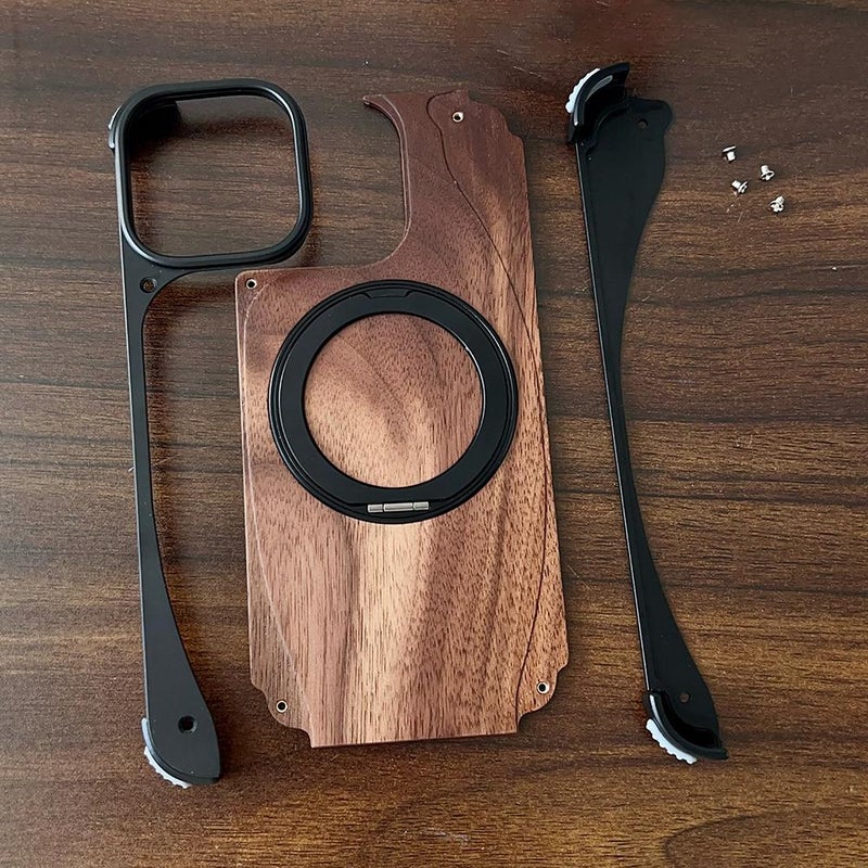 إيروريكس جراب هاتف MagSafe بدون إطار معدني من خشب الجوز مع حامل يدور 360 درجة لهاتف iPhone 15 Pro Max (فضي) - Image 3