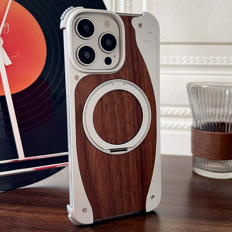 إيروريكس جراب هاتف MagSafe بدون إطار معدني من خشب الجوز مع حامل يدور 360 درجة لهاتف iPhone 15 Pro Max (فضي) - Image 1