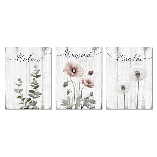 iHAPPYWALL 3 Pieces Botanical Bathroom Wall Art Relax Unwind Breathe Rustic Farmhouse Wooden Signs for Bathroom Home Spa Room Decor Ready to Hang 12x16inchx3pcs Grey - Image 1