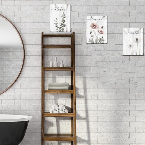 iHAPPYWALL 3 Pieces Botanical Bathroom Wall Art Relax Unwind Breathe Rustic Farmhouse Wooden Signs for Bathroom Home Spa Room Decor Ready to Hang 12x16inchx3pcs Grey - Image 3