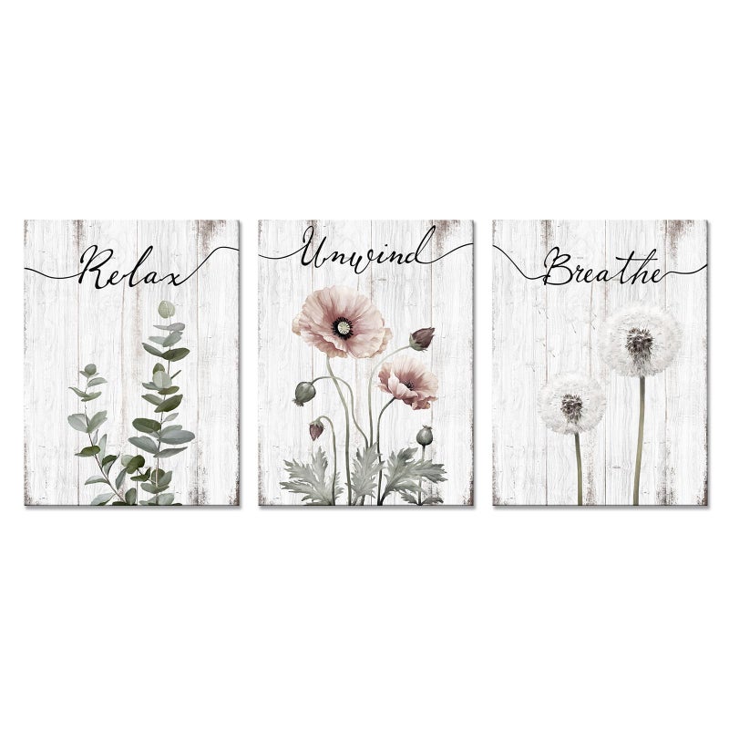 iHAPPYWALL 3 Pieces Botanical Bathroom Wall Art Relax Unwind Breathe Rustic Farmhouse Wooden Signs for Bathroom Home Spa Room Decor Ready to Hang 12x16inchx3pcs Grey - Image 2