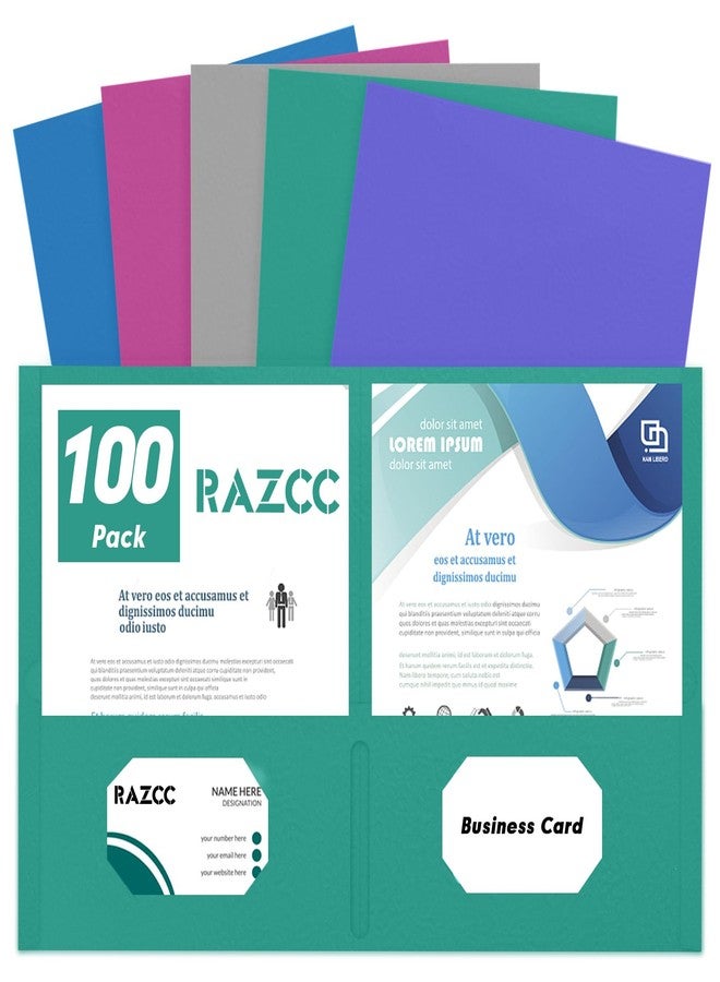 RAZCC Two Pocket Folders, RAZCC 100 Pack 2 Pocket Folders Fit Letter Size Paper, Paper Folders with Pockets for School Office Business Home, Assorted 5 Colors - Image 1