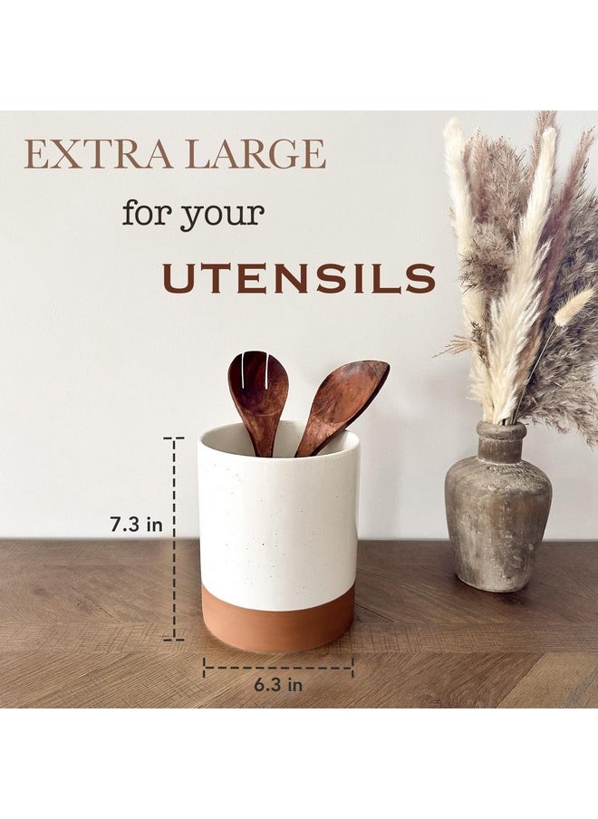 Mora Mora Ceramic Kitchen Utensil Holder - Wooden Spoon & Spatula Crock for Countertop, Modern Farmhouse Home Decor, Extra Large 7.3" Cooking Organizer for Stove Top and Counter - Heavy & Sturdy - Vanilla  - Image 2
