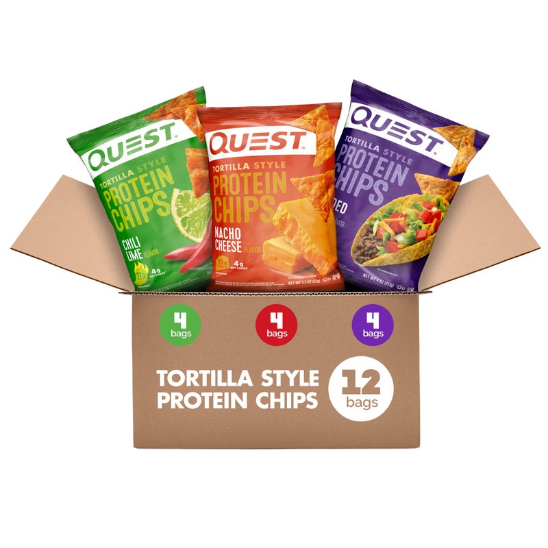 Quest Nutrition Tortilla Style Protein Chips Variety Pack, Chili Lime, Nacho Cheese, Loaded Taco, Low Carb, High Protein, Gluten Free, 1.1 oz (Pack of 12) - Image 1