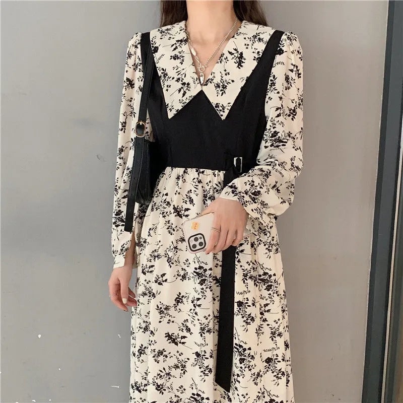 chubby girl French Floral dress 2024 Autumn New Vintage Long-sleeved Stitching Fake Two-piece Flesh Covering Slimming Long Dress Tx738 picture color