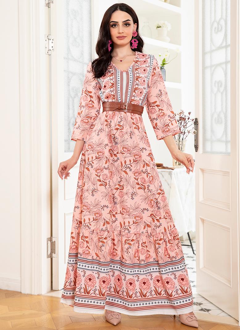 فرايديين لطيف طوق متقلب طباعة غير منتظم كم القميص فساتين طويلة ملون - Image 1