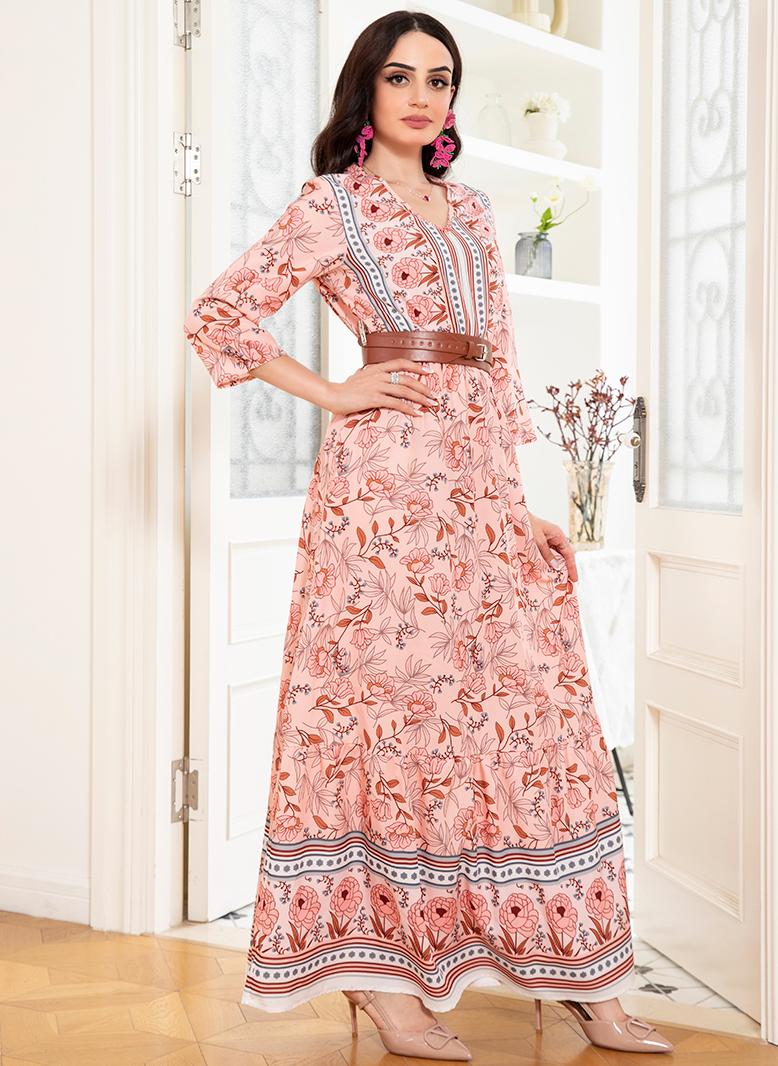 فرايديين لطيف طوق متقلب طباعة غير منتظم كم القميص فساتين طويلة ملون - Image 3