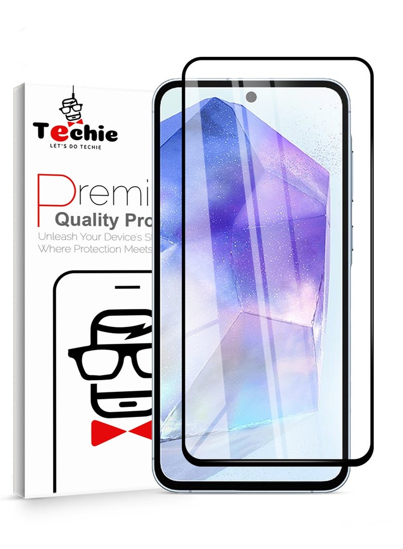 Techie حماية شاشة زجاجية مقساة HD كاملة التغطية من سامسونج جالاكسي A55 بصلابة 10H - مضادة للخدش، مضادة لبصمات الأصابع، وتقنية خالية من الفقاعات - Image 1