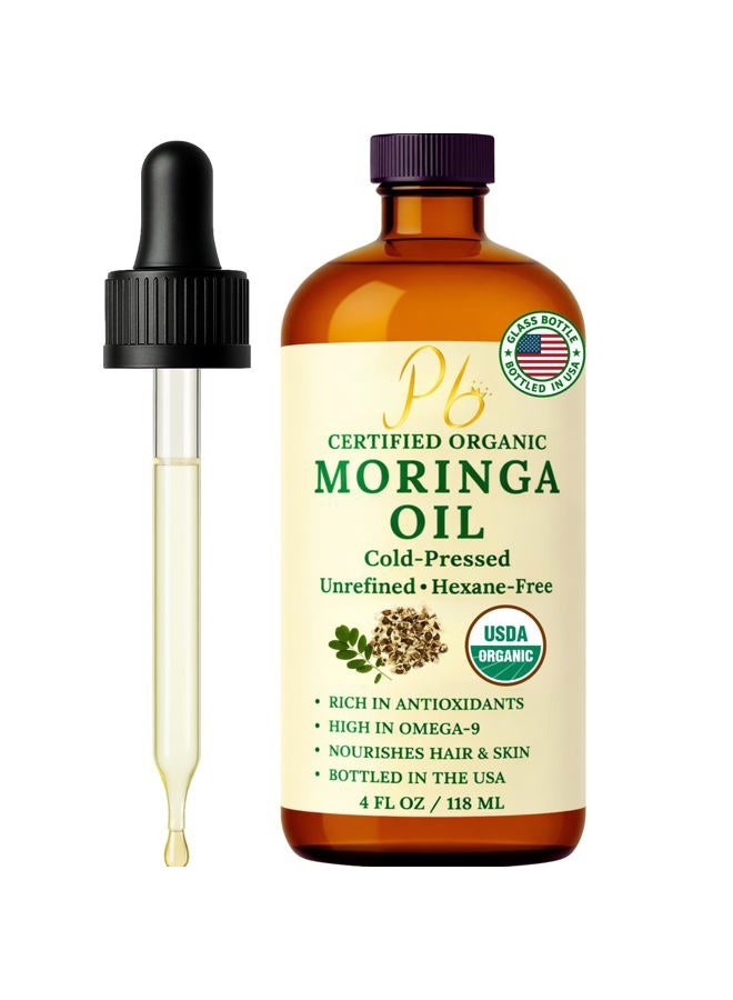Pomberries Organic Moringa Oil – USDA Certified 100% Pure, Cold-Pressed & Unrefined – Moringa Seed Oil for Face, Skin, Hair & Body – Hydrating, Anti-Aging Moisturizer – 4 fl oz Amber Glass Bottle - Image 1