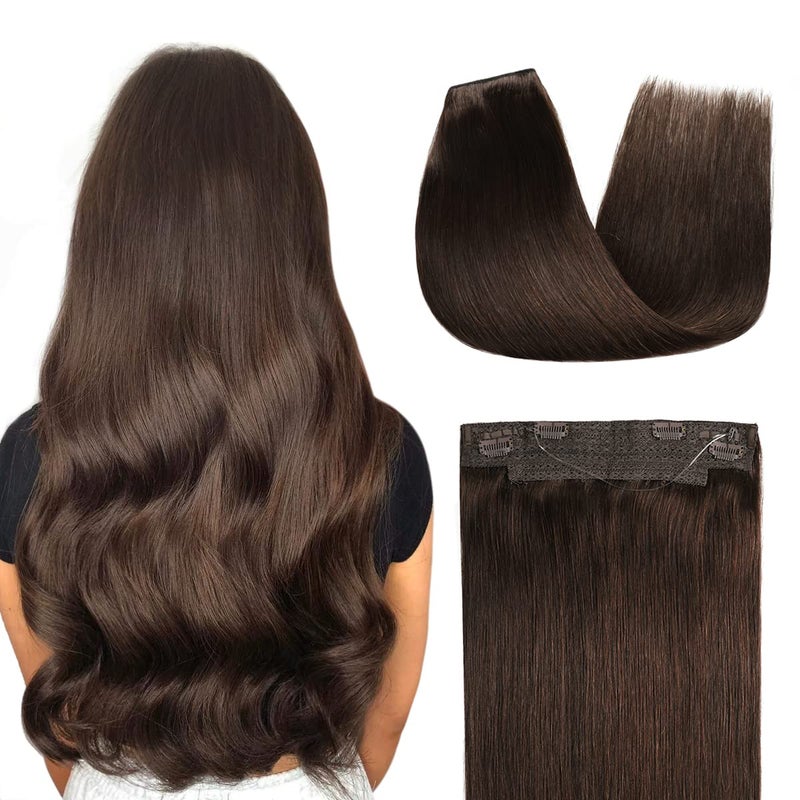 YILITE Wire Hair Extensions Real Human Hair Wire hair 18 inches 95g Silky Straight 2 Dark Brown Human Hair Extensions One Piece Wire Hair Extensions with Fish Line