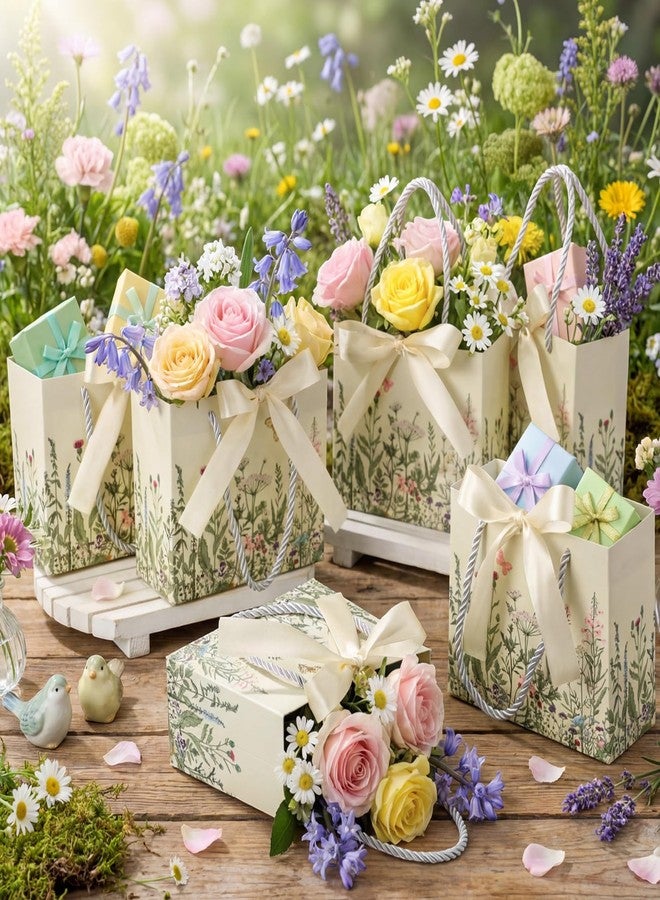 Moinchore 30 Pcs Vintage Wildflower Paper Gift Bags Bulk 5.5 x 4.7 x 2.5'' Mini Flower Plant Favor Bags with Handles Bow Ribbon Wrap for Spring Summer Birthday Home Wedding Party Supplies - Image 5
