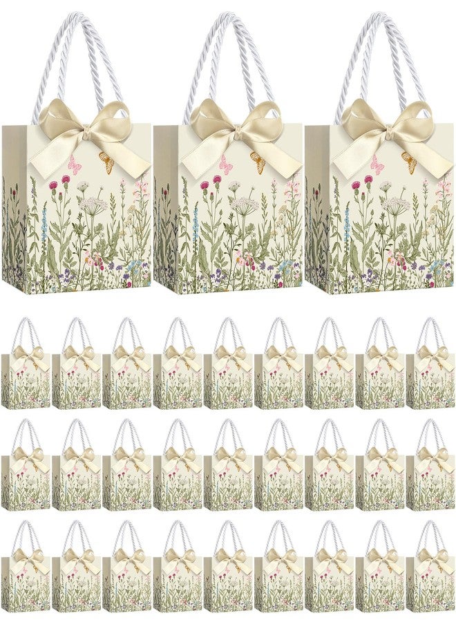 Moinchore 30 Pcs Vintage Wildflower Paper Gift Bags Bulk 5.5 x 4.7 x 2.5'' Mini Flower Plant Favor Bags with Handles Bow Ribbon Wrap for Spring Summer Birthday Home Wedding Party Supplies - Image 1
